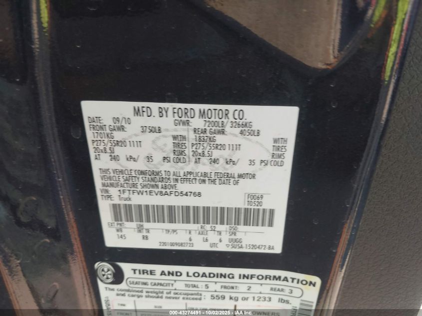 2010 Ford F-150 Fx4/Harley-Davidson/King Ranch/Lariat/Platinum/Xl/Xlt VIN: 1FTFW1EV8AFD54768 Lot: 43274491