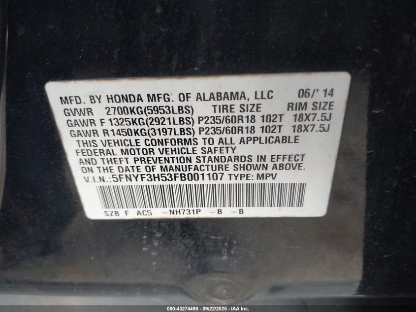 2015 HONDA PILOT EX-L - 5FNYF3H53FB001107