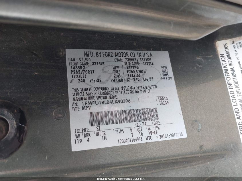 2004 Ford Expedition Eddie Bauer VIN: 1FMFU18L04LA90396 Lot: 43274501