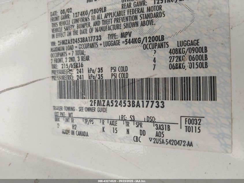 2003 Ford Windstar Se VIN: 2FMZA52453BA17733 Lot: 43274520