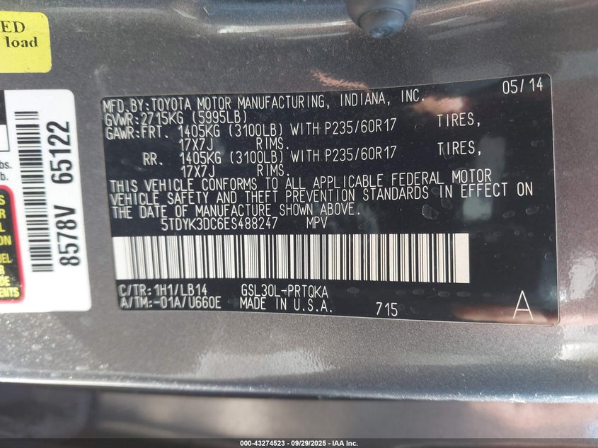 2014 Toyota Sienna Xle V6 8 Passenger VIN: 5TDYK3DC6ES488247 Lot: 43274523