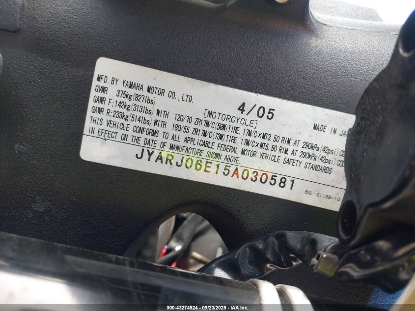 2005 Yamaha Yzfr6 L VIN: JYARJ06E15A030581 Lot: 43274524