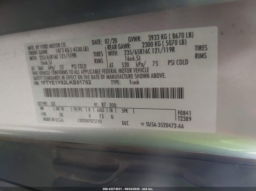2020 FORD TRANSIT-150 - 1FTYE1Y82LKB01702