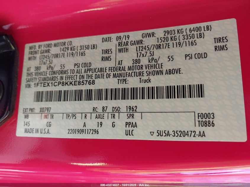 2019 Ford F-150 Xl VIN: 1FTEX1CP8KKE85768 Lot: 43274537