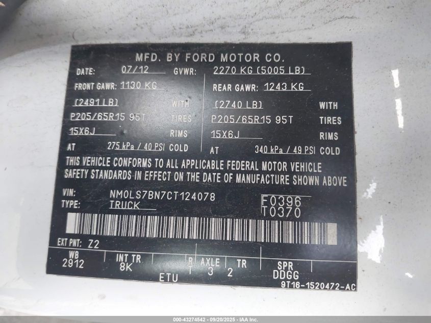 2012 Ford Transit Connect Xlt VIN: NM0LS7BN7CT124078 Lot: 43274542