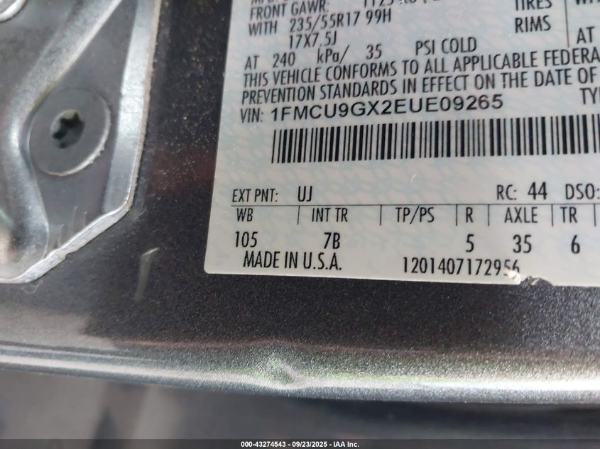 2014 Ford Escape Se VIN: 1FMCU9GX2EUE09265 Lot: 43274543