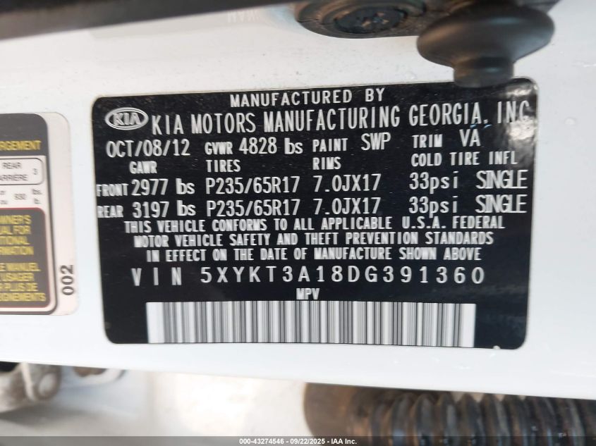2013 Kia Sorento Lx VIN: 5XYKT3A18DG391360 Lot: 43274546