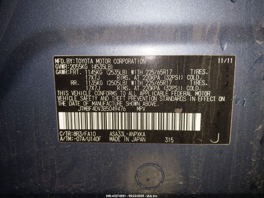 2011 Toyota Rav4 VIN: JTMBF4DV3B5049476 Lot: 43274551