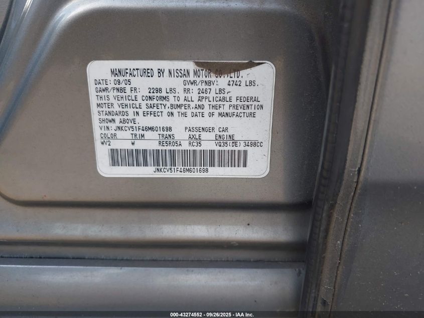 2006 Infiniti G35X VIN: JNKCV51F46M601698 Lot: 43274552