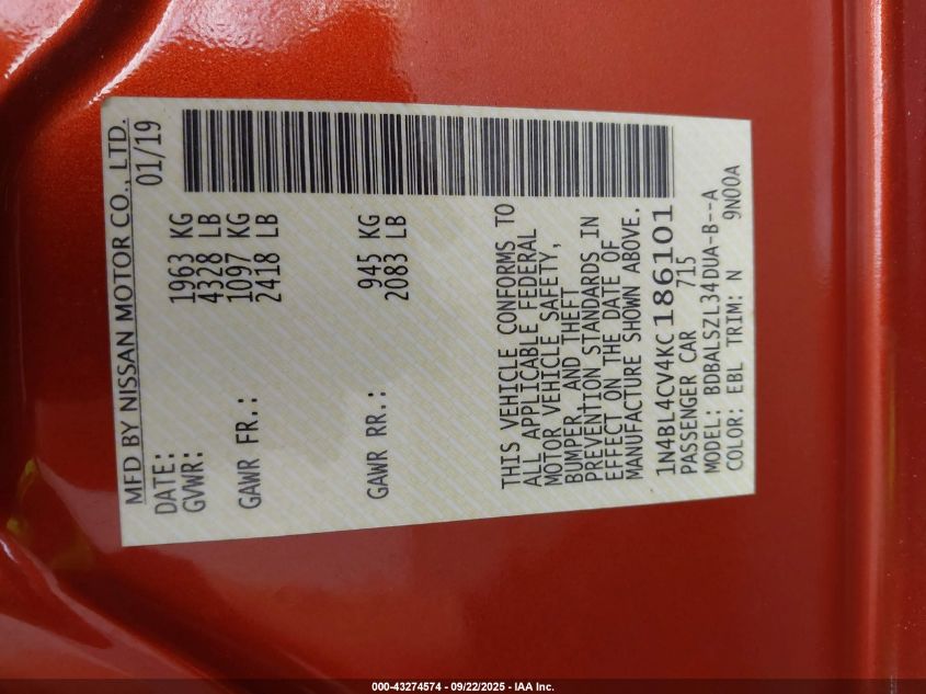 2019 Nissan Altima 2.5 Sr VIN: 1N4BL4CV4KC186101 Lot: 43274574