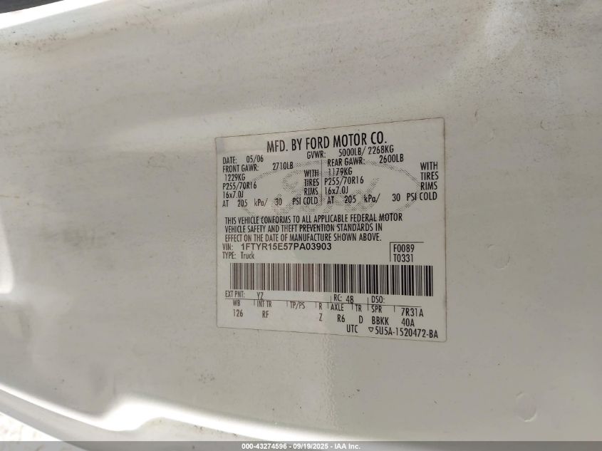 2007 Ford Ranger Fx4 Off-Road/Sport/Xl/Xlt VIN: 1FTYR15E57PA03903 Lot: 43274596
