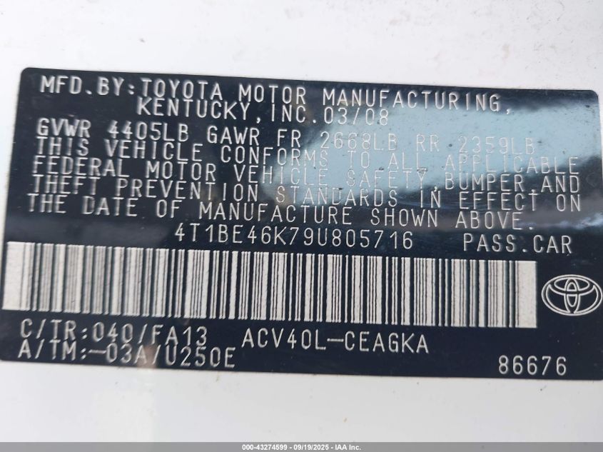 2009 Toyota Camry Xle VIN: 4T1BE46K79U805716 Lot: 43274599