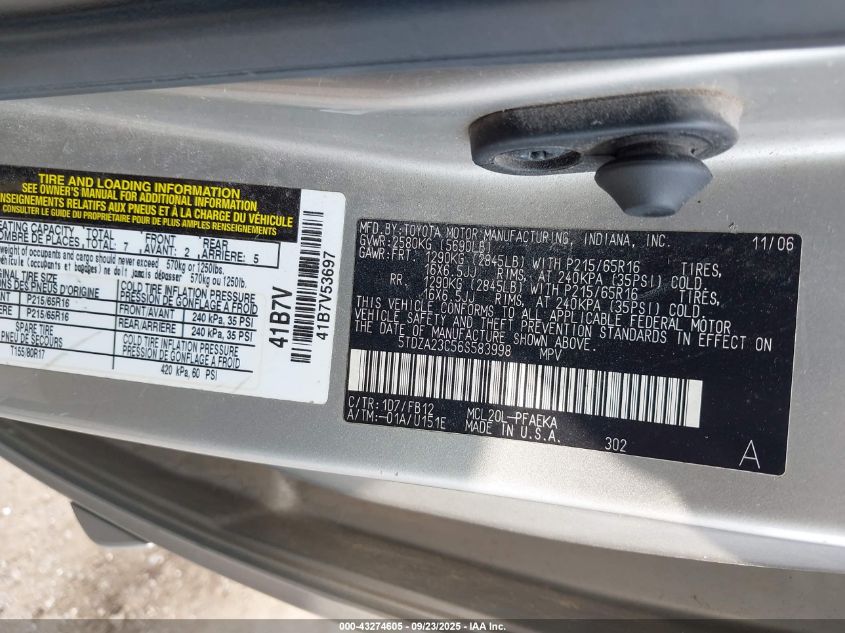 2006 Toyota Sienna Ce VIN: 5TDZA23C56S583998 Lot: 43274605