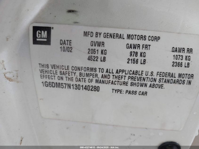 2003 Cadillac Cts Standard VIN: 1G6DM57N130140280 Lot: 43274615