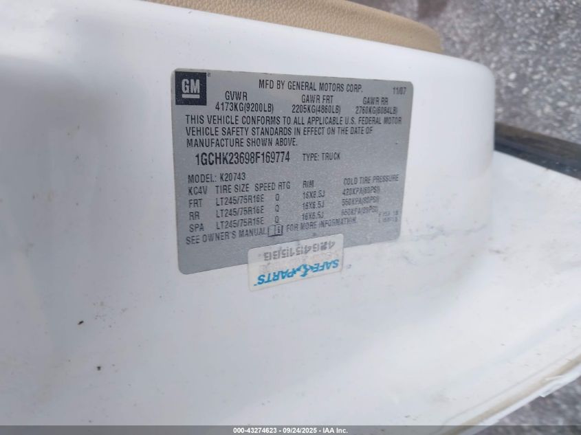 2008 Chevrolet Silverado 2500Hd Lt1 VIN: 1GCHK23698F169774 Lot: 43274623