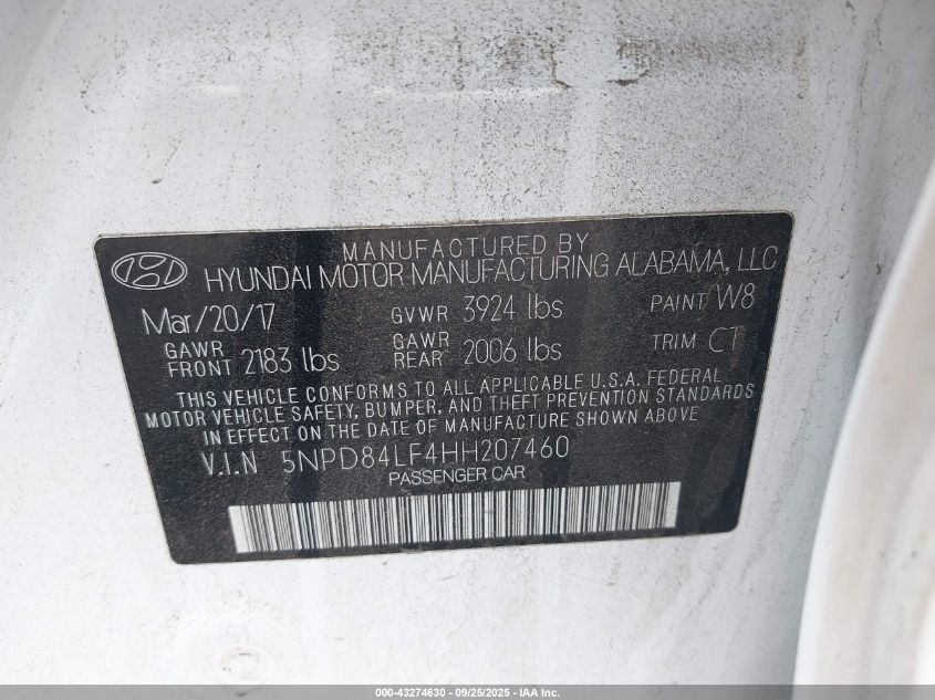 2017 Hyundai Elantra Value Edition VIN: 5NPD84LF4HH207460 Lot: 43274630