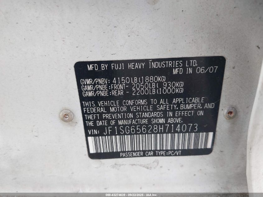 2008 Subaru Forester 2.5X VIN: JF1SG65628H714073 Lot: 43274639