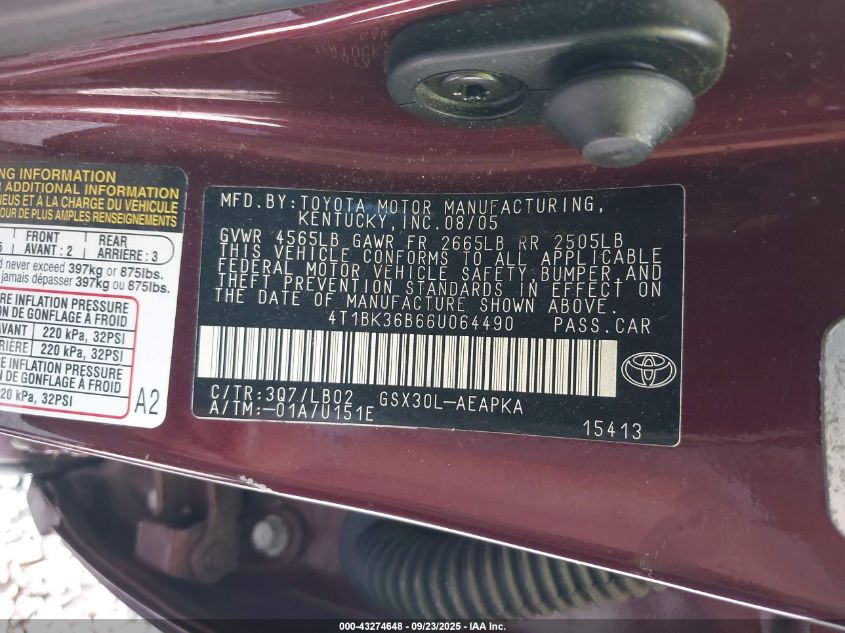 2006 Toyota Avalon Xl/Xls/Touring/Limited VIN: 4T1BK36B66U064490 Lot: 43274648