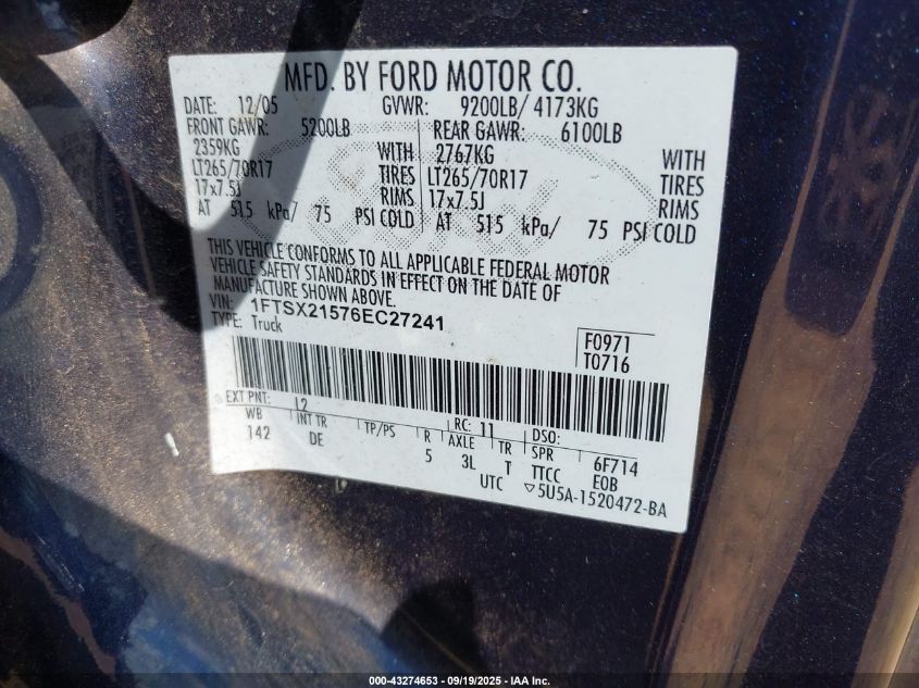 2006 Ford F-250 Lariat/Xl/Xlt VIN: 1FTSX21576EC27241 Lot: 43274653