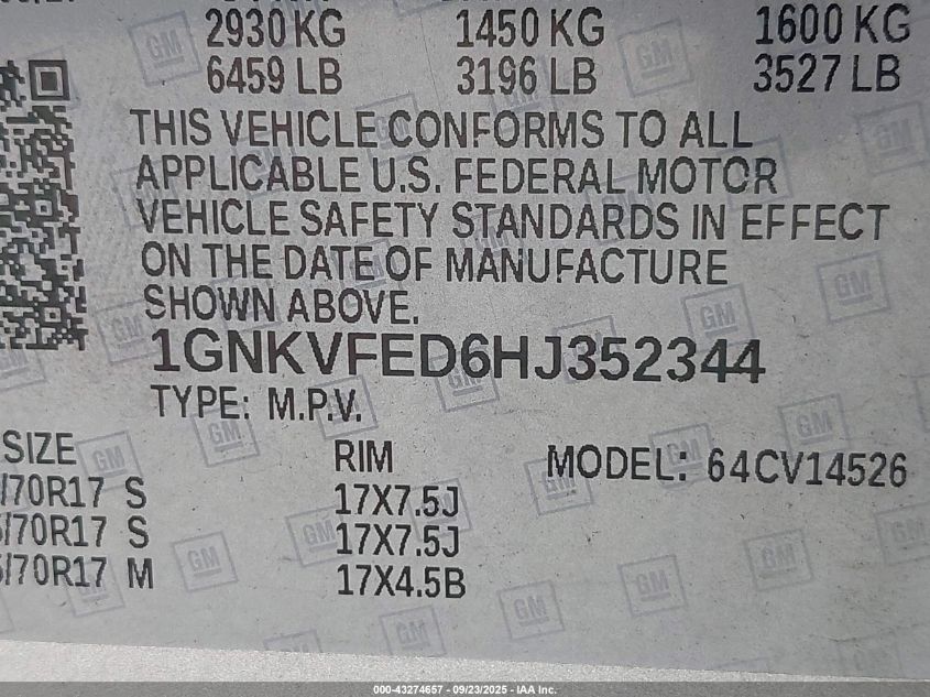 2017 Chevrolet Traverse Ls VIN: 1GNKVFED6HJ352344 Lot: 43274657