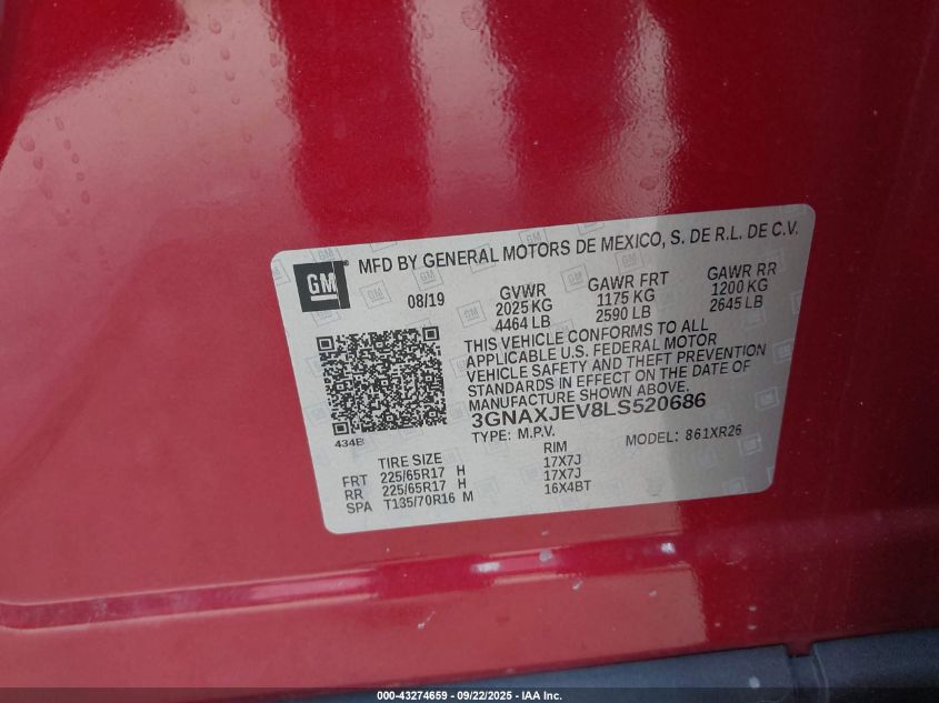 2020 Chevrolet Equinox Fwd 2Fl VIN: 3GNAXJEV8LS520686 Lot: 43274659