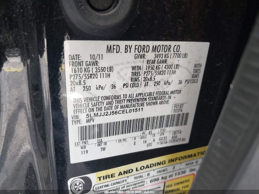 2012 Lincoln Navigator VIN: 5LMJJ2J56CEL01511 Lot: 43274660