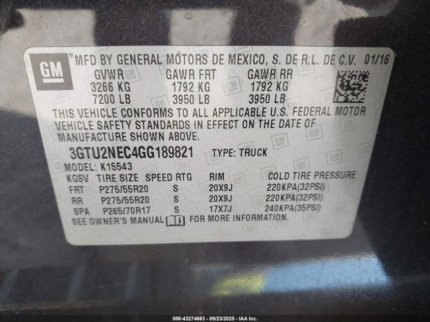 2016 GMC Sierra 1500 Slt VIN: 3GTU2NEC4GG189821 Lot: 43274663