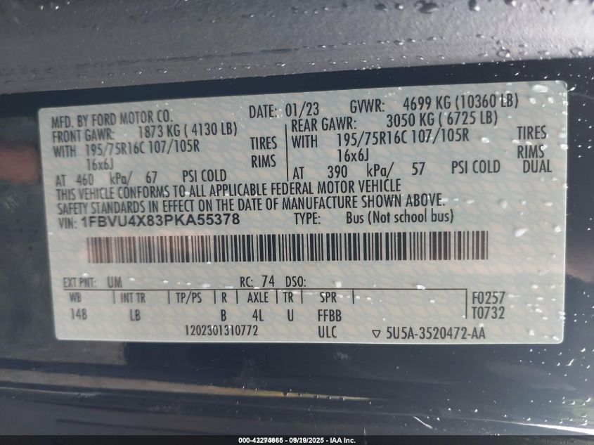 2023 Ford Transit-350 Passenger Van Xlt VIN: 1FBVU4X83PKA55378 Lot: 43274665