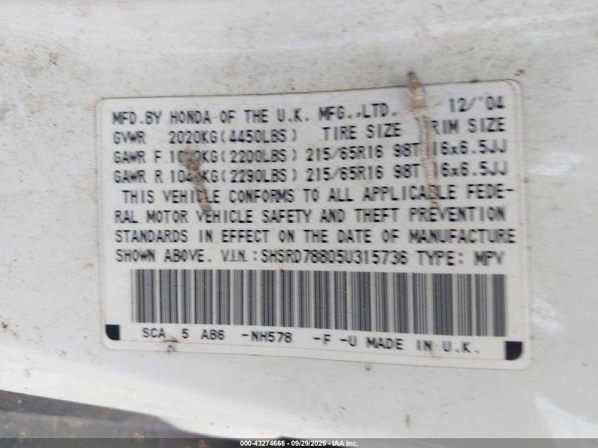 2005 Honda Cr-V Ex VIN: SHSRD78805U315736 Lot: 43274666