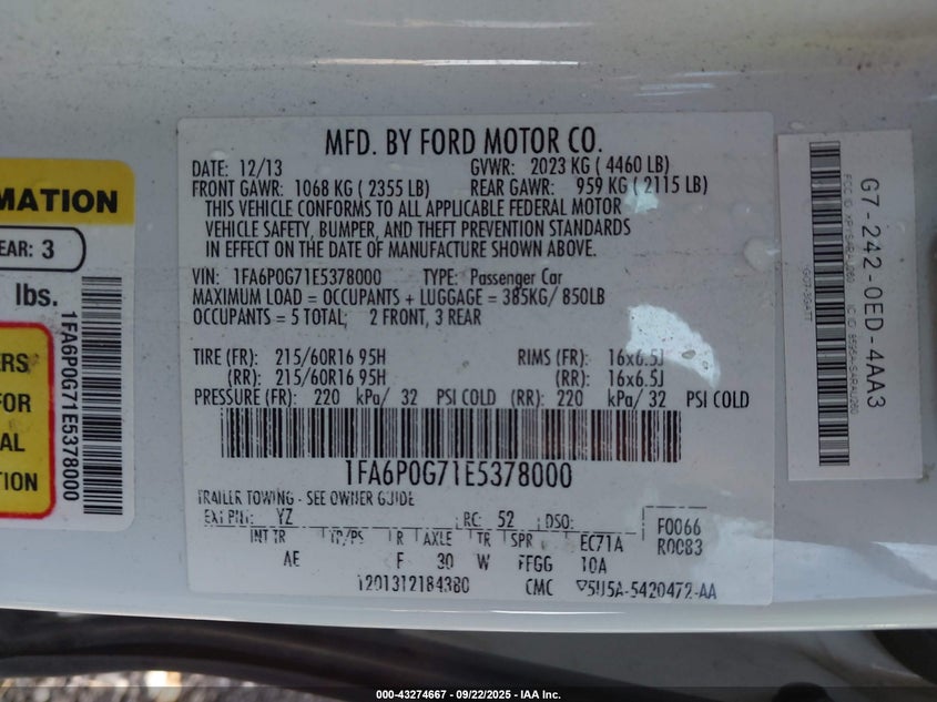 2014 Ford Fusion S VIN: 1FA6P0G71E5378000 Lot: 43274667