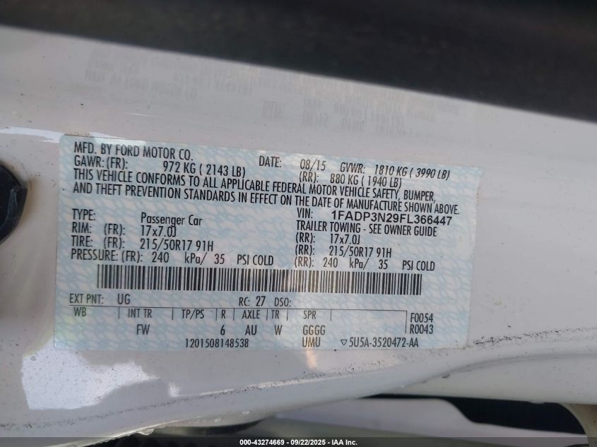 2015 Ford Focus Titanium VIN: 1FADP3N29FL366447 Lot: 43274669