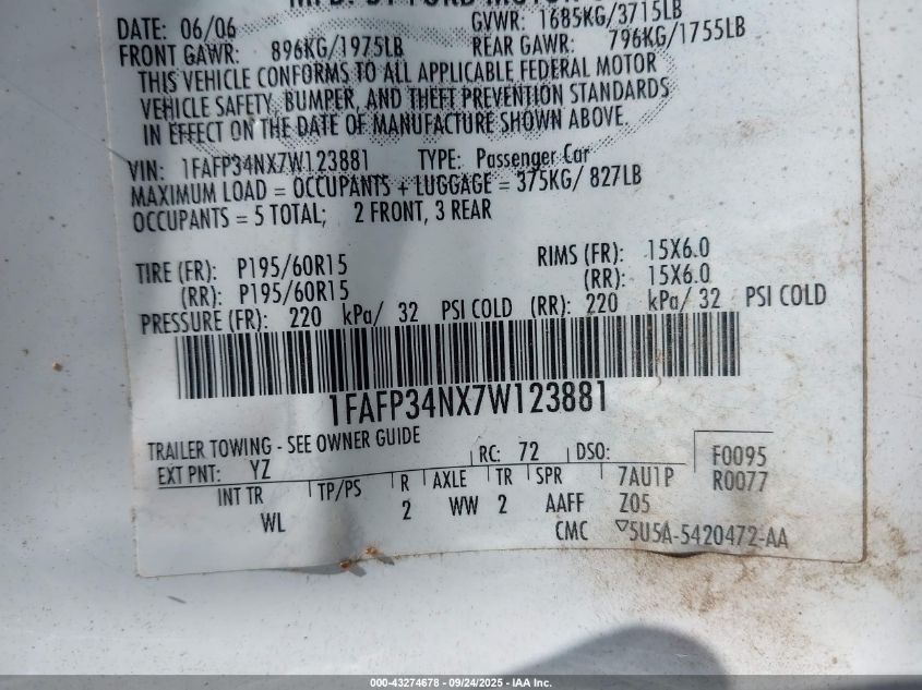 2007 Ford Focus S/Se/Ses VIN: 1FAFP34NX7W123881 Lot: 43274678