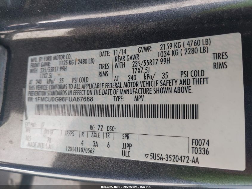 2015 Ford Escape Se VIN: 1FMCU0G98FUA67688 Lot: 43274682