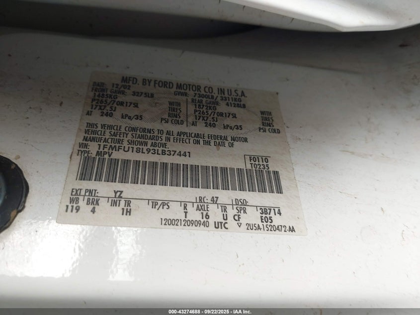 2003 Ford Expedition Eddie Bauer VIN: 1FMFU18L93LB37441 Lot: 43274688