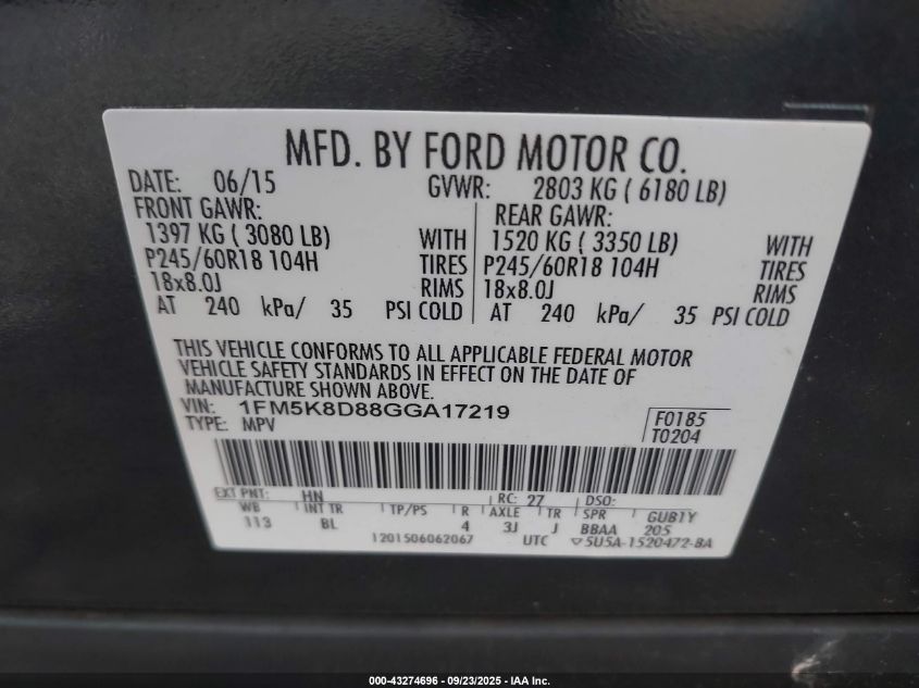 2016 Ford Explorer Xlt VIN: 1FM5K8D88GGA17219 Lot: 43274696