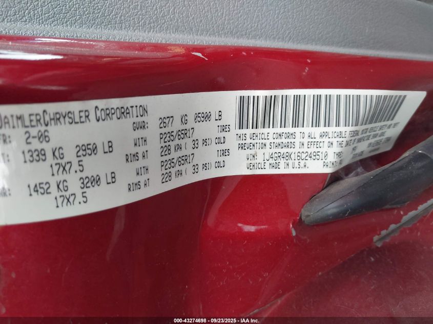 2006 Jeep Grand Cherokee Laredo VIN: 1J4GR48K16C249510 Lot: 43274698