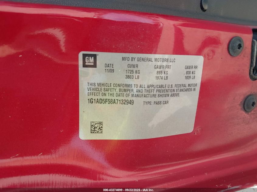 2010 Chevrolet Cobalt Lt VIN: 1G1AD5F58A7132949 Lot: 43274699