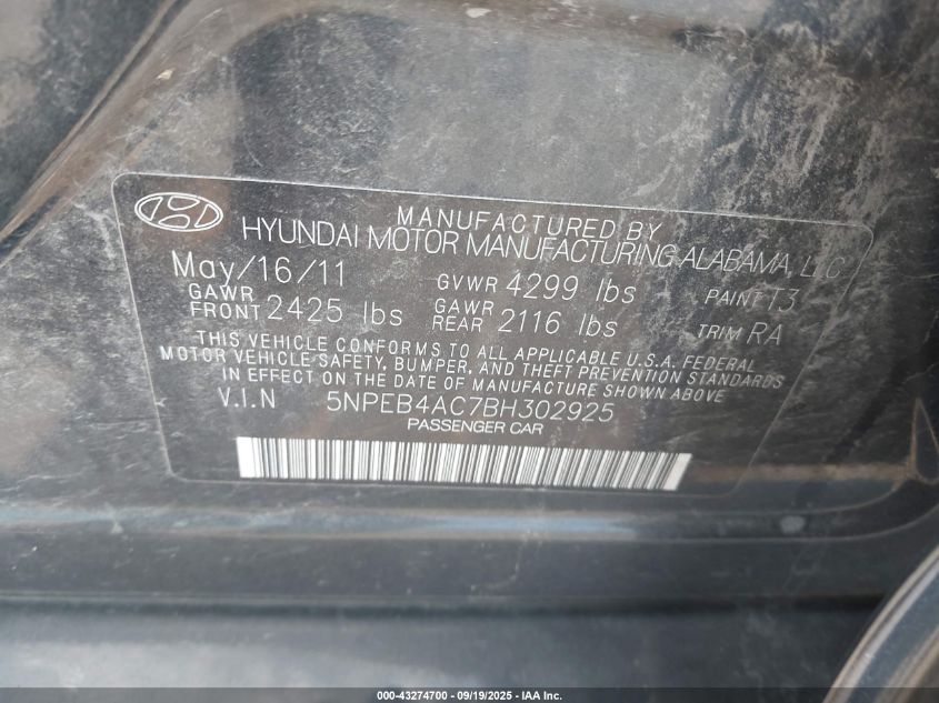 2011 Hyundai Sonata Gls VIN: 5NPEB4AC7BH302925 Lot: 43274700