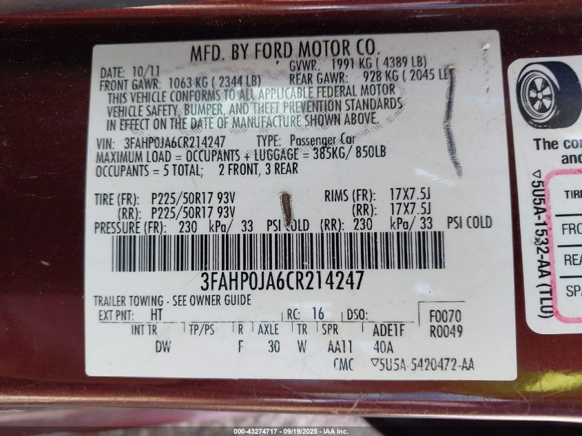 2012 Ford Fusion Sel VIN: 3FAHP0JA6CR214247 Lot: 43274717