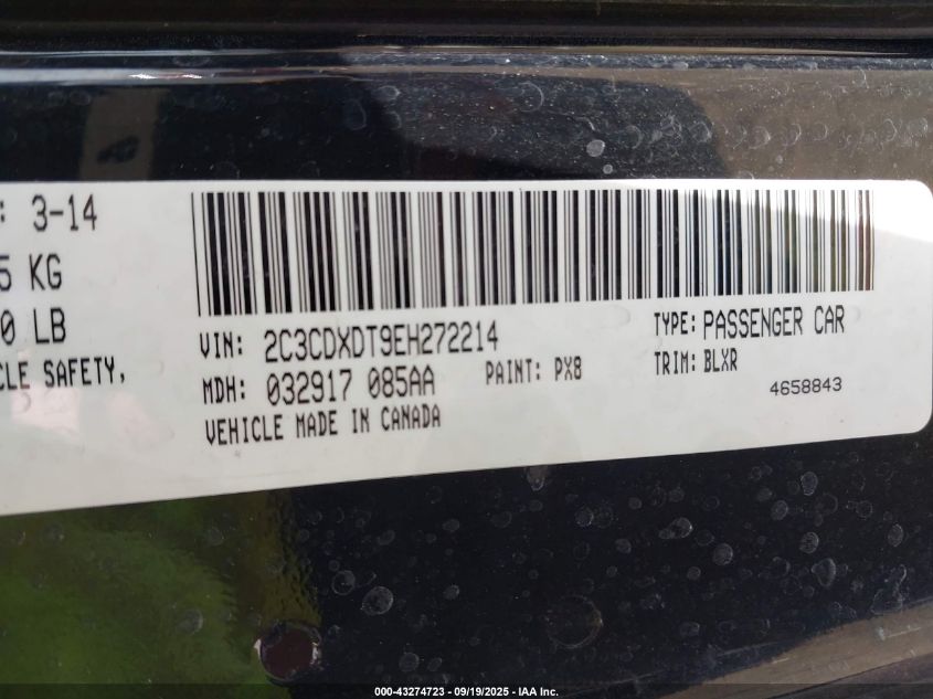 2014 Dodge Charger R/T Plus VIN: 2C3CDXDT9EH272214 Lot: 43274723