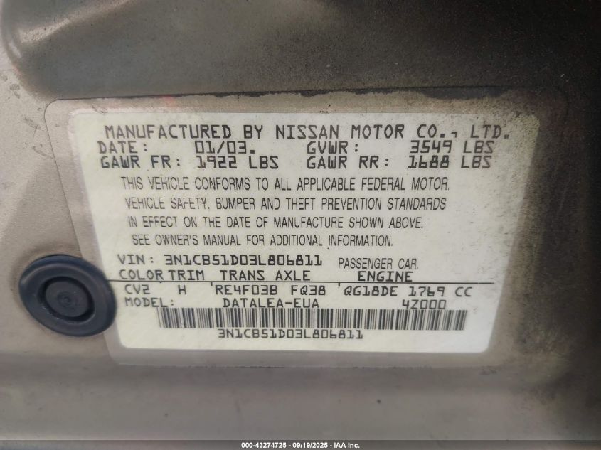 2003 Nissan Sentra Gxe VIN: 3N1CB51D03L806811 Lot: 43274725