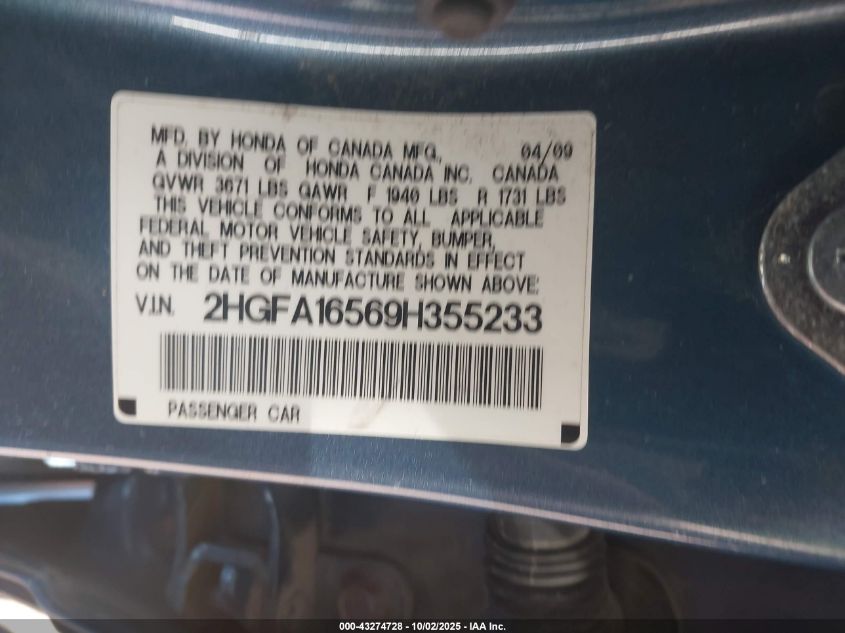 2009 Honda Civic Lx VIN: 2HGFA16569H355233 Lot: 43274728