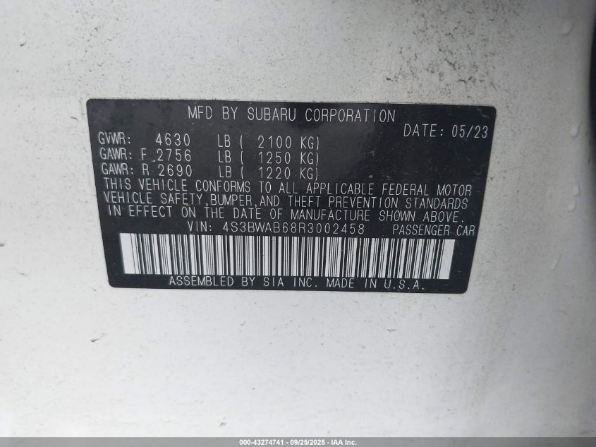 2024 Subaru Legacy VIN: 4S3BWAB68R3002458 Lot: 43274741