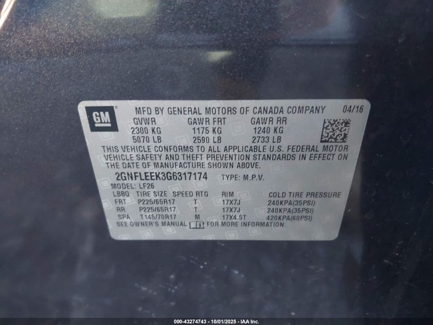 2016 Chevrolet Equinox Ls VIN: 2GNFLEEK3G6317174 Lot: 43274743