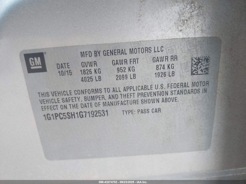 2016 Chevrolet Cruze Limited Ls Auto VIN: 1G1PC5SH1G7192531 Lot: 43274753