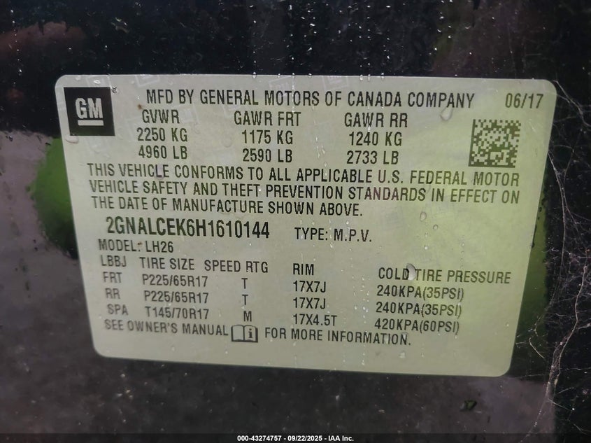 2017 CHEVROLET EQUINOX LT - 2GNALCEK6H1610144