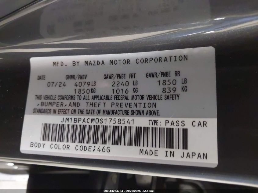 2025 Mazda Mazda3 2.5 S Preferred VIN: JM1BPACM0S1758541 Lot: 43274784