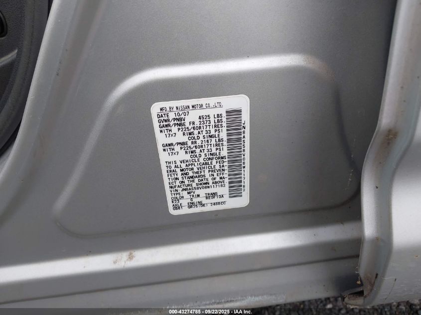 2008 Nissan Rogue Sl VIN: JN8AS58V08W117182 Lot: 43274785