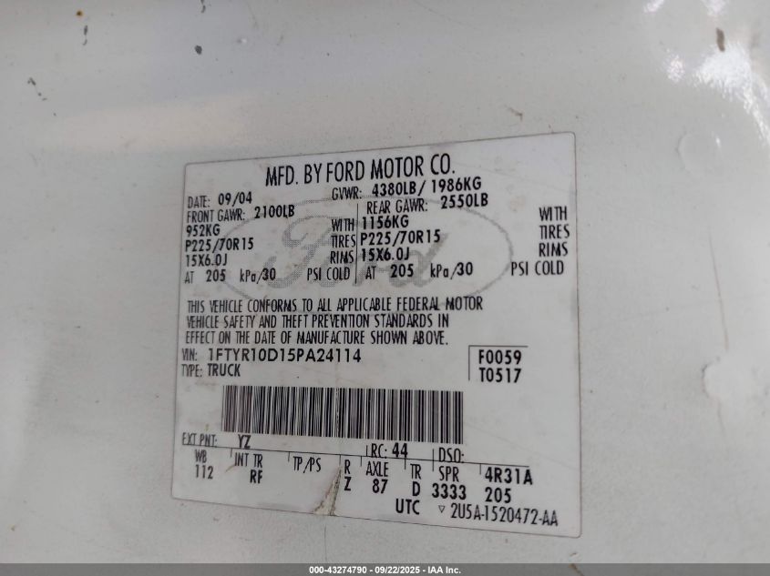 2005 Ford Ranger Xl/Xls/Xlt VIN: 1FTYR10D15PA24114 Lot: 43274790