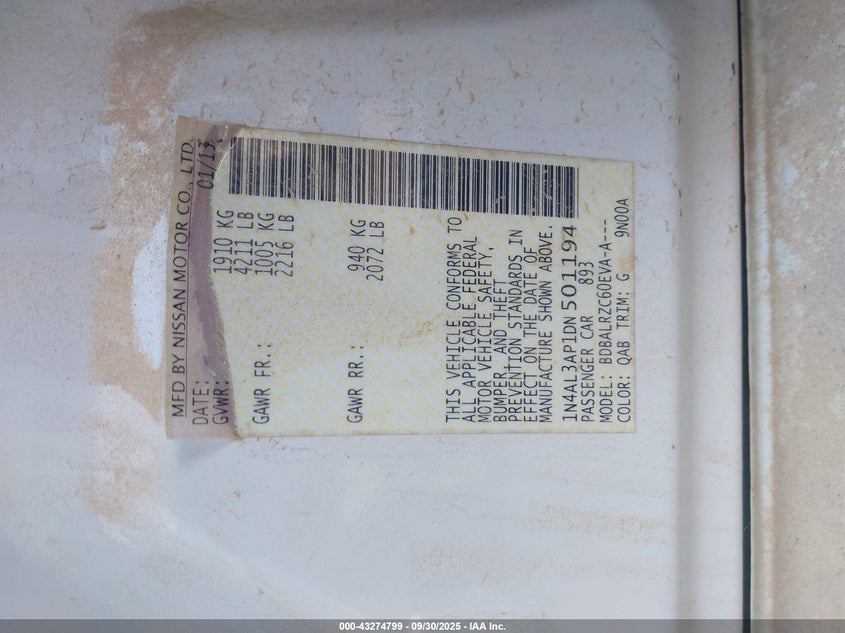 2013 Nissan Altima 2.5 S VIN: 1N4AL3AP1DN501194 Lot: 43274799